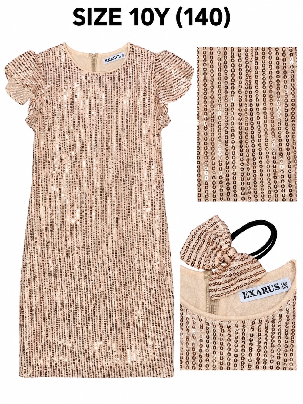 Girls' Sequin Party Dress in Rose Gold with Matching Hair Tie
